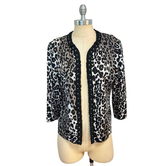St John Boutique Imperial Leopard Wool Knit Cardigan Jacket Black size 8 - Picture 3 of 6